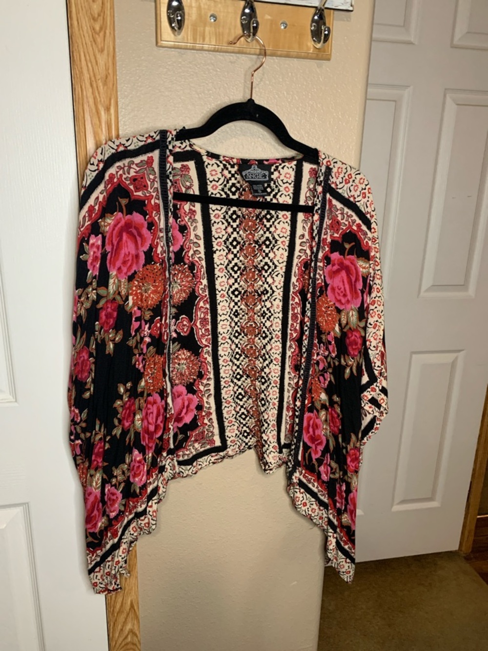 ANGIE Black Floral Rose Open Front Kimono Cover-Up